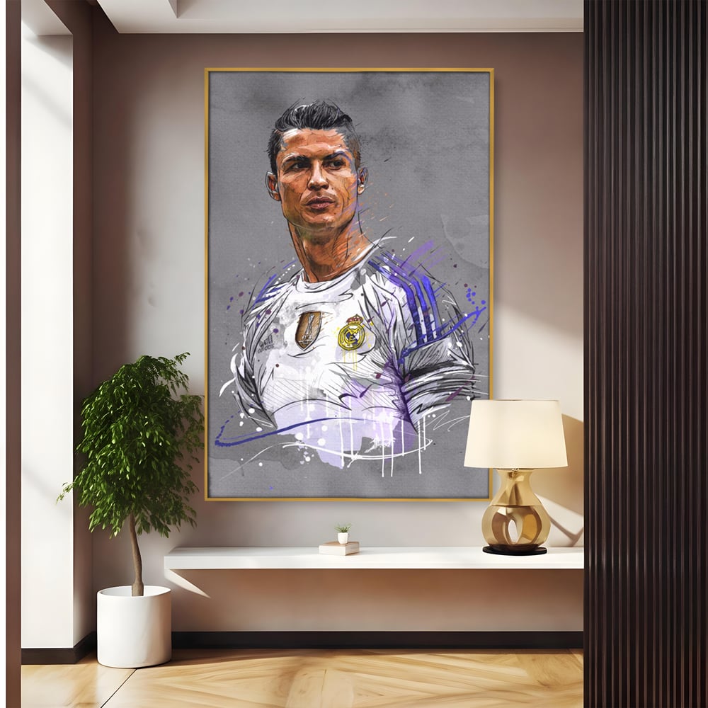 Tablou canvas cu tablou canvas cu cristiano ronaldo in tricoul real madrid, in rama de aluminiu auriu